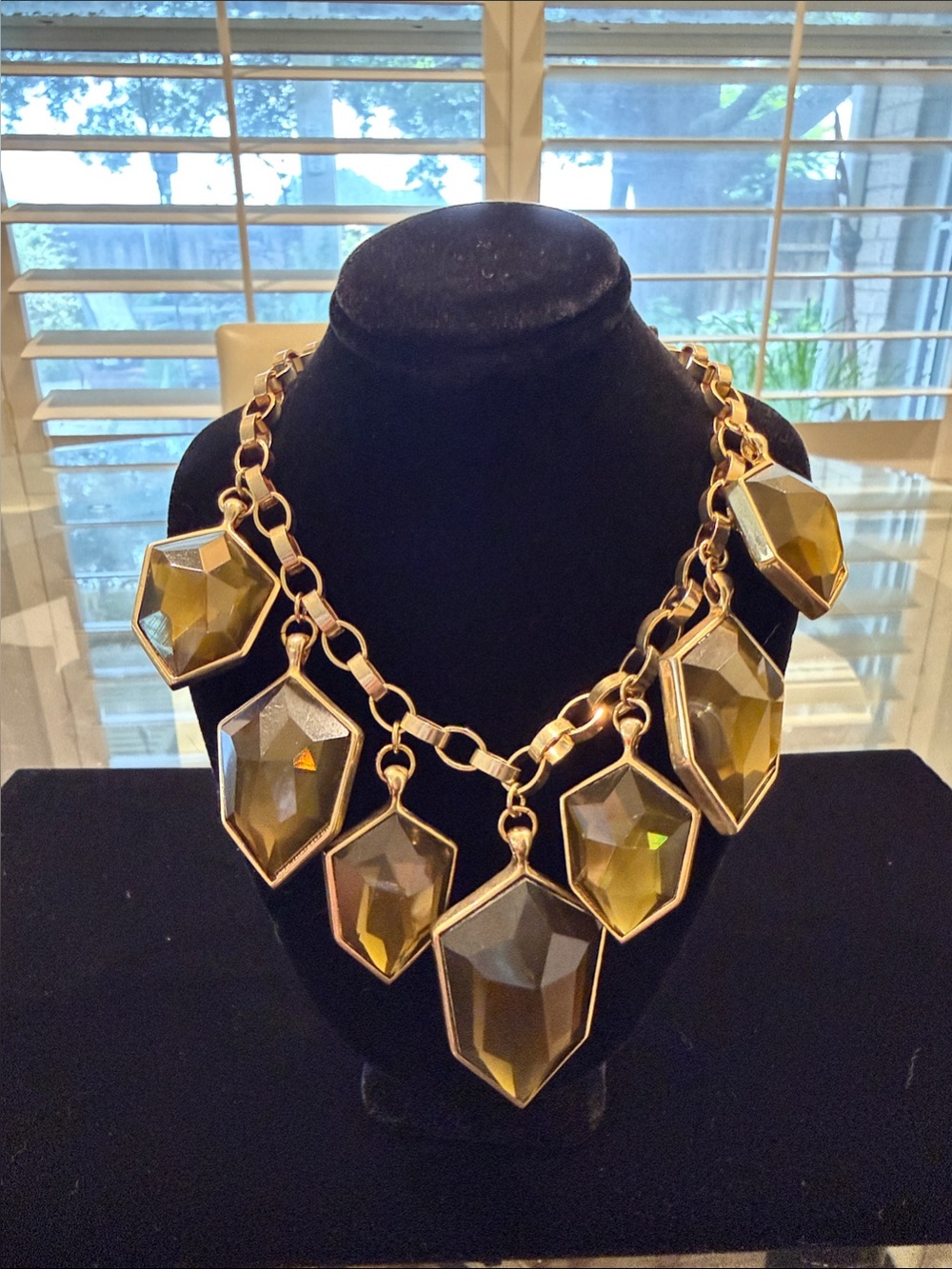 Banana Republic Gold Statement Necklace with Olive Green Faceted Stones